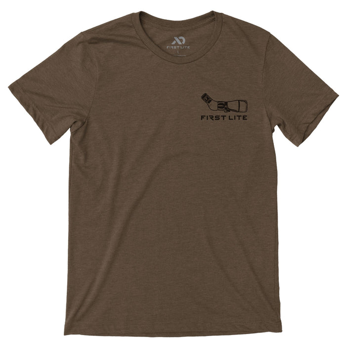 Heather brown t-shirt featuring a black graphic of a monocular above the text "FIRST LITE" on the front.