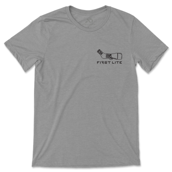 Grey t-shirt with a black rangefinder graphic and "FIRST LITE" text on the left chest.