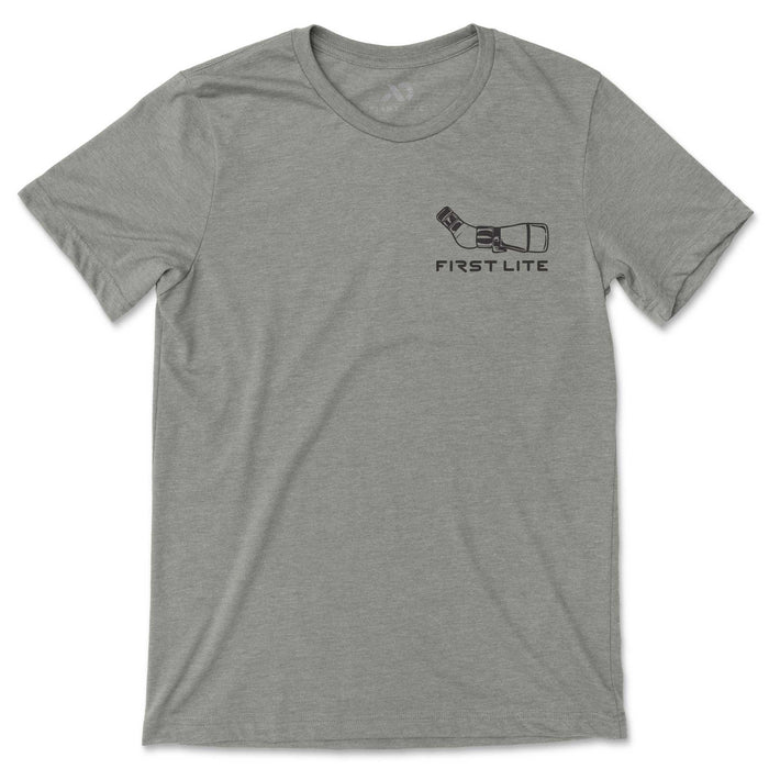 Heather grey t-shirt featuring a dark grey graphic of a monocular above the text "FIRST LITE" on the front.