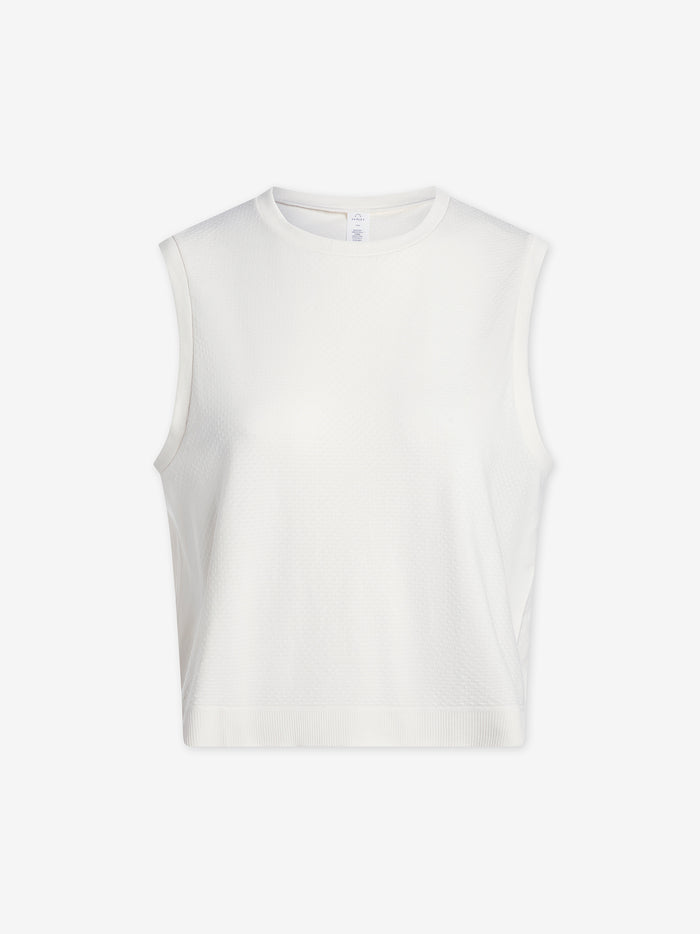 Snow White|Varley Seamless Crop Tank Snow White, front view of a sleeveless crop top in white seamless knit.
