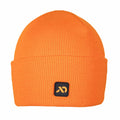 Orange ribbed knit beanie with a folded cuff and a black square patch featuring an orange abstract logo on the front.
