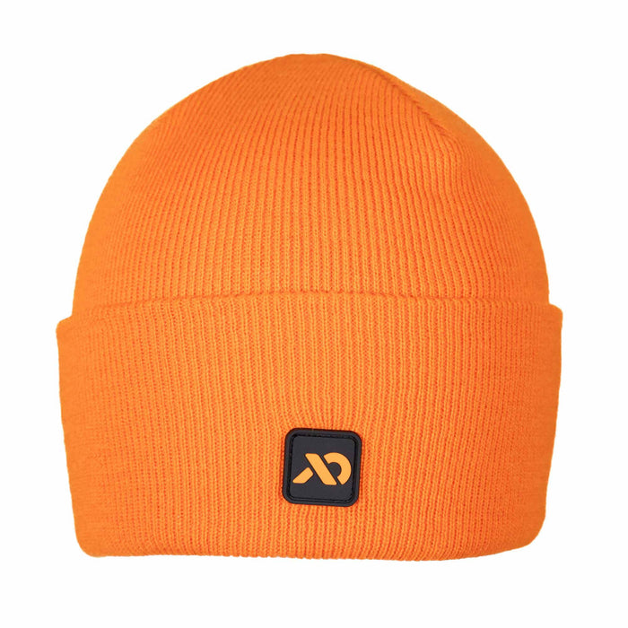 Orange ribbed knit beanie with a folded cuff and a black square patch featuring an orange abstract logo on the front.