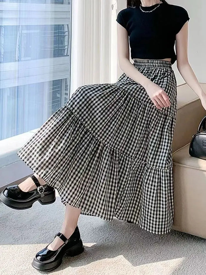 Patchworkฉัตรกระโปรงผู้หญิง2025ฤดูร้อนVINTAGE CheckeredเอวสูงElasticเอวSlimming Midi Skir