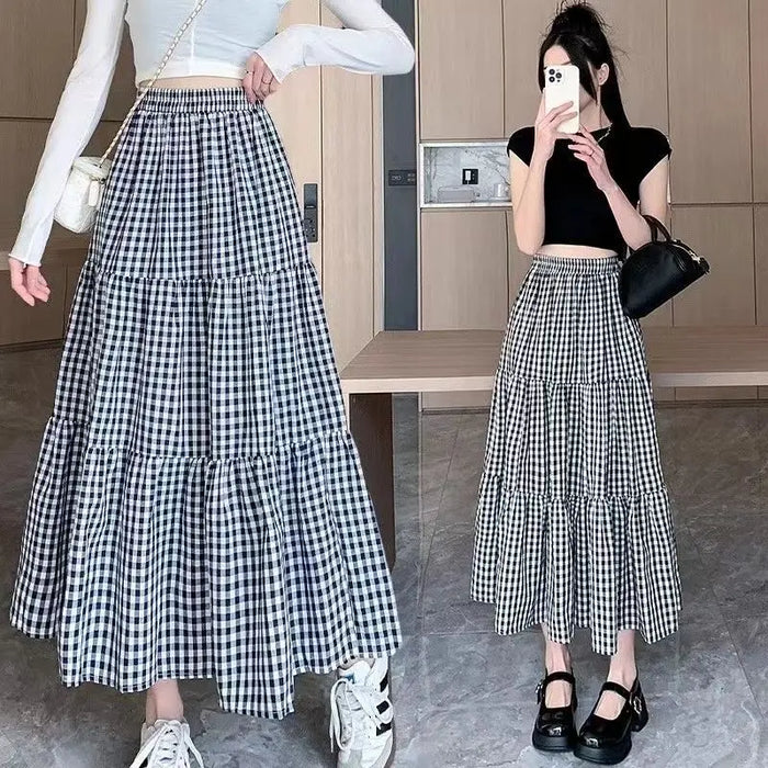 Patchworkฉัตรกระโปรงผู้หญิง2025ฤดูร้อนVINTAGE CheckeredเอวสูงElasticเอวSlimming Midi Skir