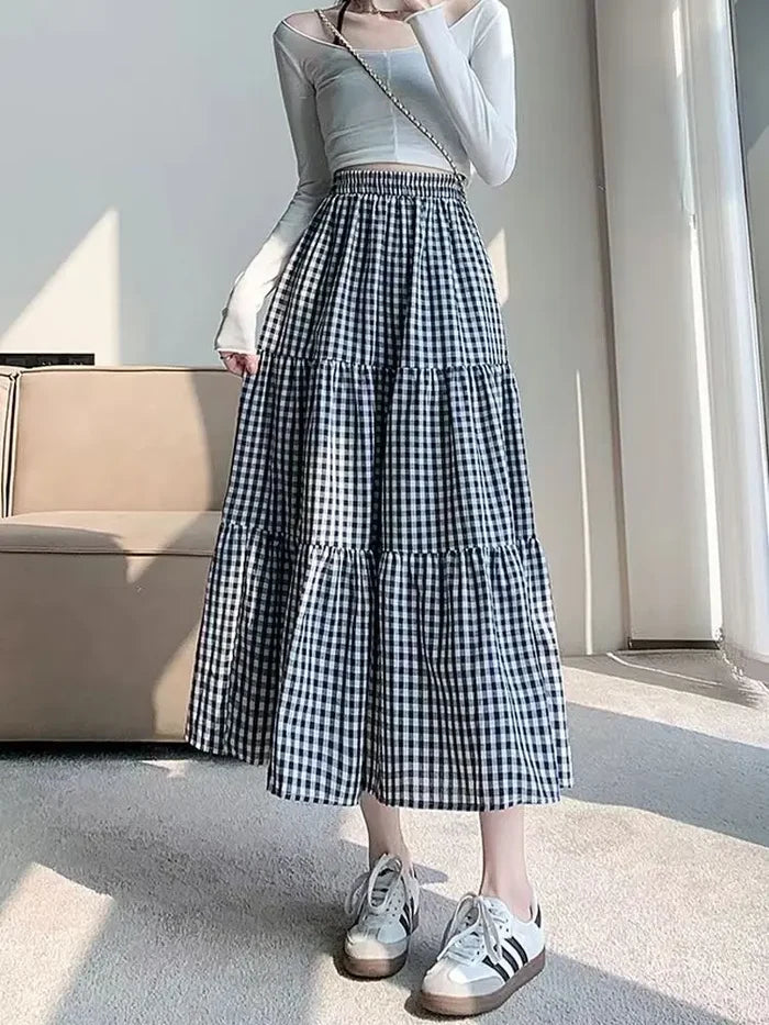Patchworkฉัตรกระโปรงผู้หญิง2025ฤดูร้อนVINTAGE CheckeredเอวสูงElasticเอวSlimming Midi Skir