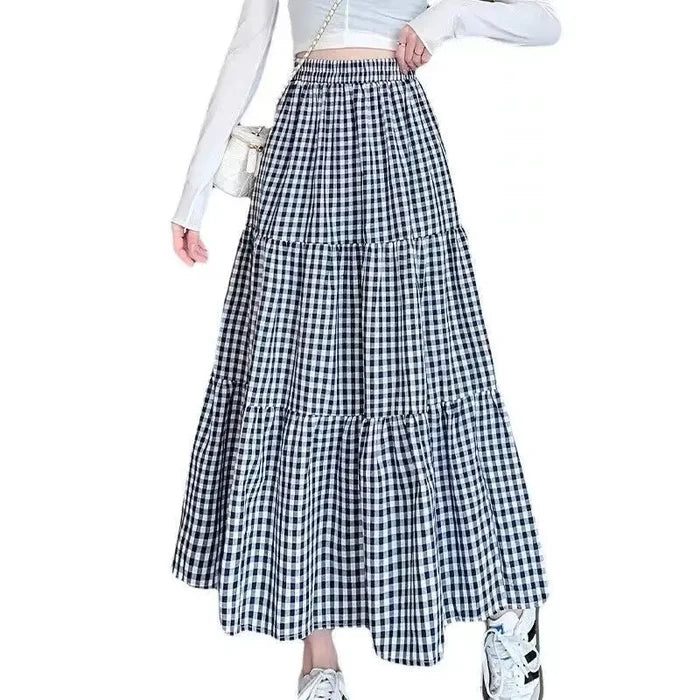 Patchworkฉัตรกระโปรงผู้หญิง2025ฤดูร้อนVINTAGE CheckeredเอวสูงElasticเอวSlimming Midi Skir