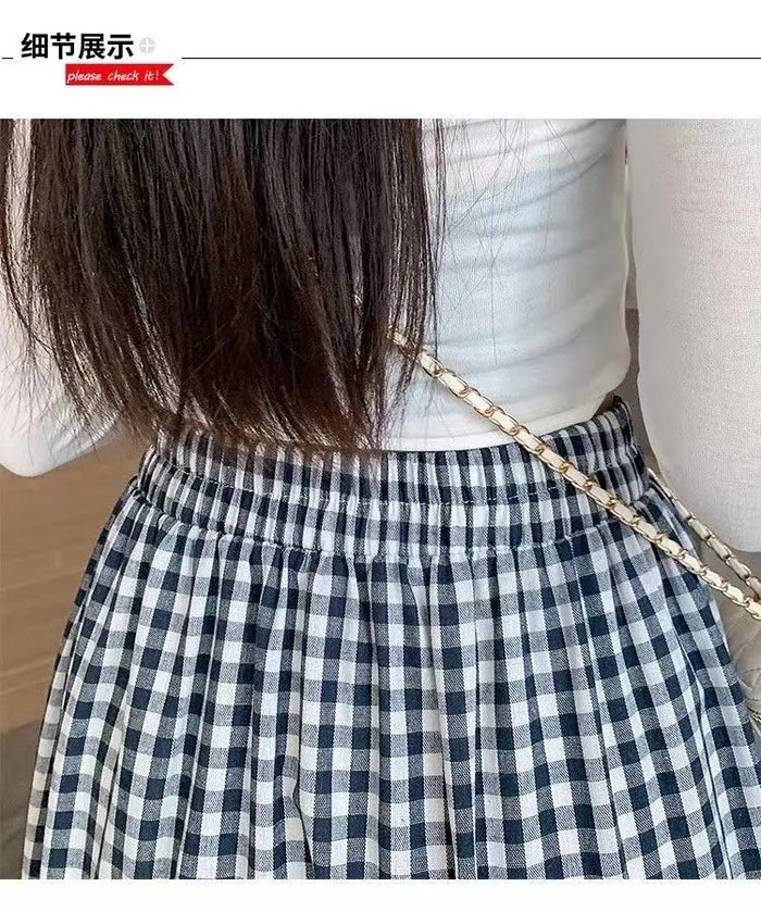 Patchworkฉัตรกระโปรงผู้หญิง2025ฤดูร้อนVINTAGE CheckeredเอวสูงElasticเอวSlimming Midi Skir