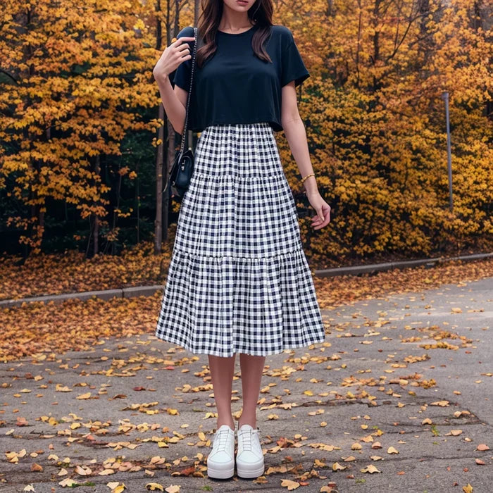 Patchworkฉัตรกระโปรงผู้หญิง2025ฤดูร้อนVINTAGE CheckeredเอวสูงElasticเอวSlimming Midi Skir