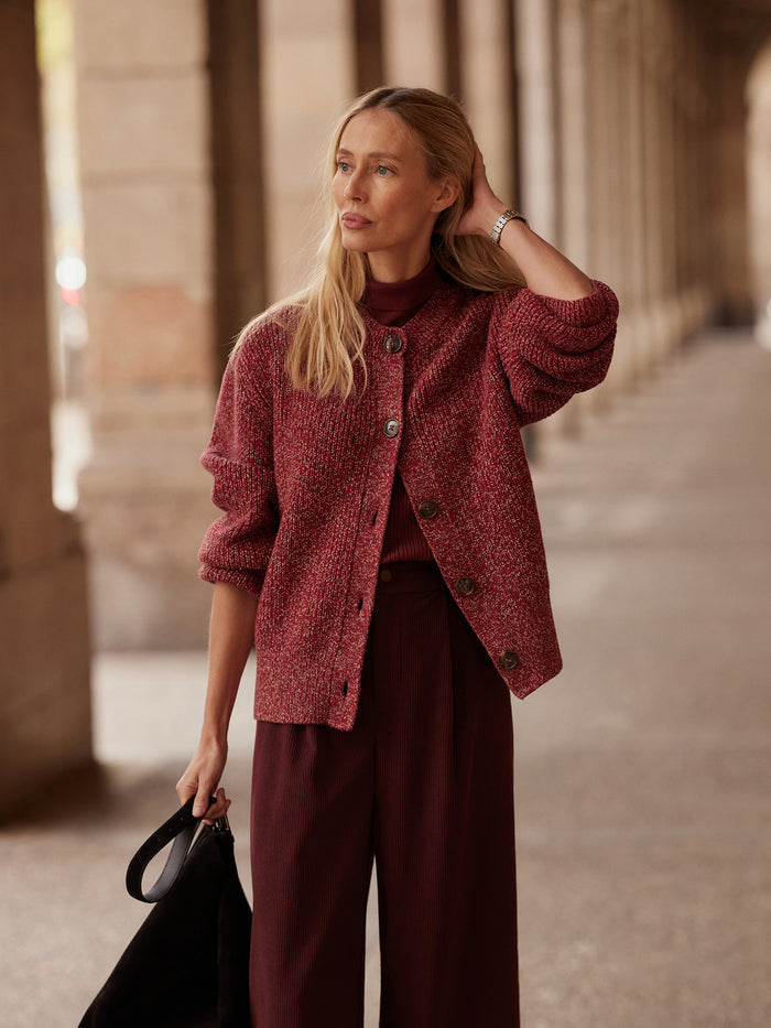 Red Flecked|Patricia Rib Cardigan, Red Flecked, soft viscose mid-gauge knit with flecked texture, rib stitch, relaxed fit, crew neck, button-through front.