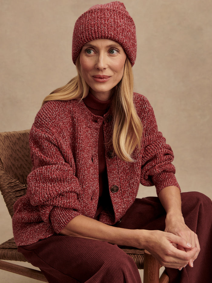 Red Flecked|Front-facing Patricia Rib Cardigan Red Flecked, a rib-knit cardigan in red flecked fabric.