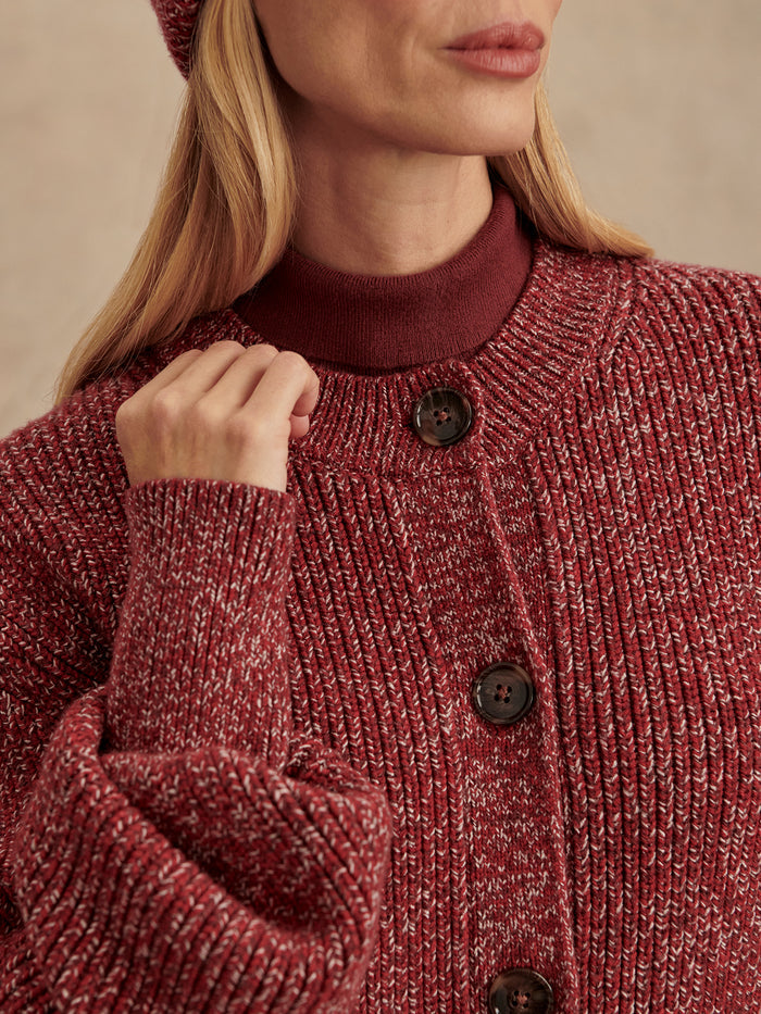 Red Flecked|Patricia Rib Cardigan Red Flecked, rib-knit cardigan in red flecked yarn with long sleeves, front view.