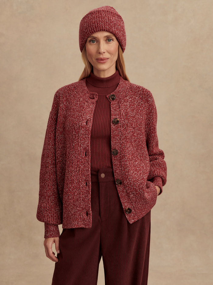 Red Flecked|Patricia Rib Cardigan in red fleck knit, a textured rib cardigan with a classic silhouette, front view on model.