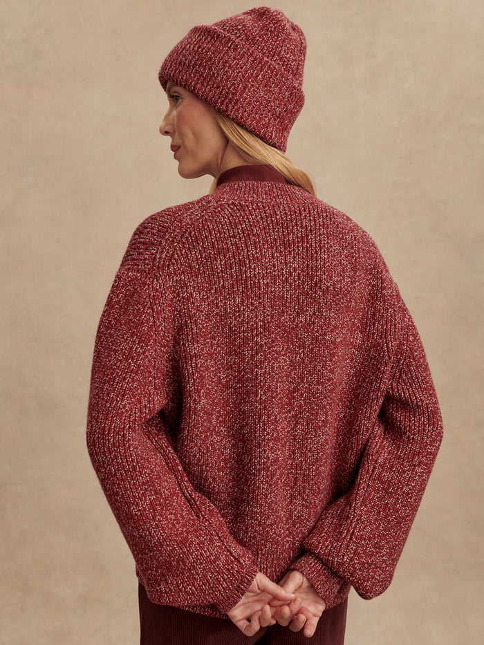 Red Flecked|Front view of Patricia Rib Cardigan Red Flecked, rib-knit cardigan in red flecked fabric.
