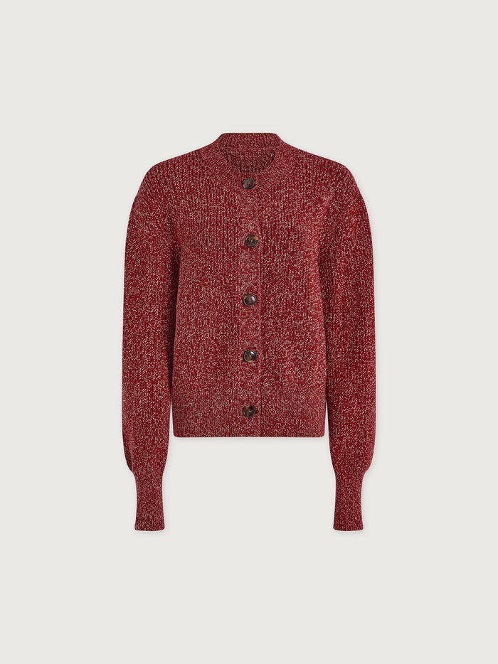 Red Flecked|Patricia Rib Cardigan Red Flecked, knit cardigan with rib texture and long sleeves.