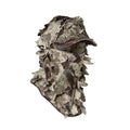 Leafy camouflage balaclava in tan and brown tones with an integrated cap and mesh face covering.