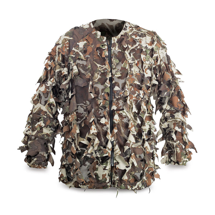 Full-zip 3D leaf-cut camouflage jacket in brown, green, and tan over a mesh base.