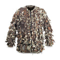 Full-zip 3D leaf-cut camouflage jacket in brown, green, and tan over a mesh base.