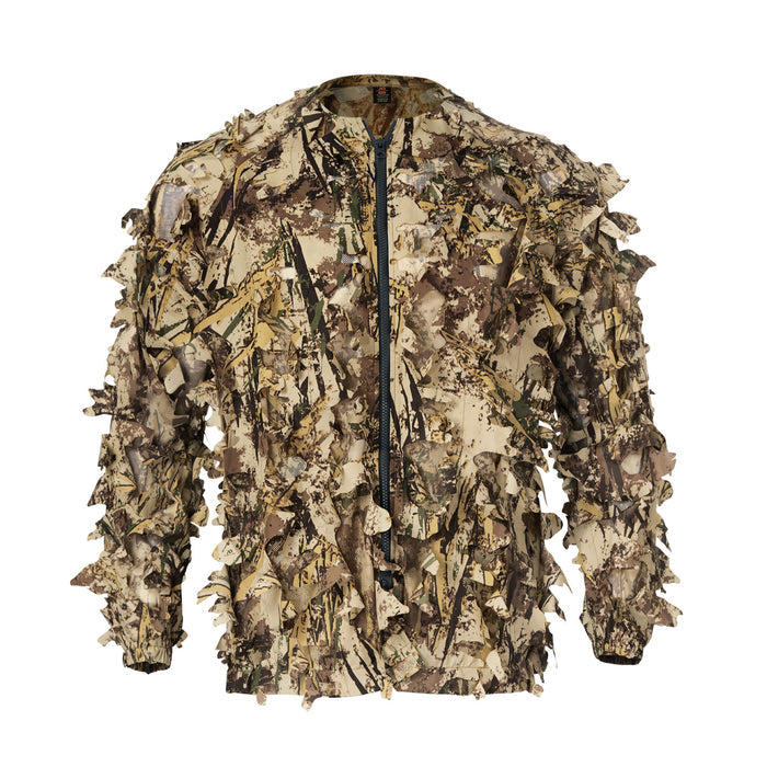 Full-zip desert camouflage jacket with 3D leafy ghillie pattern.