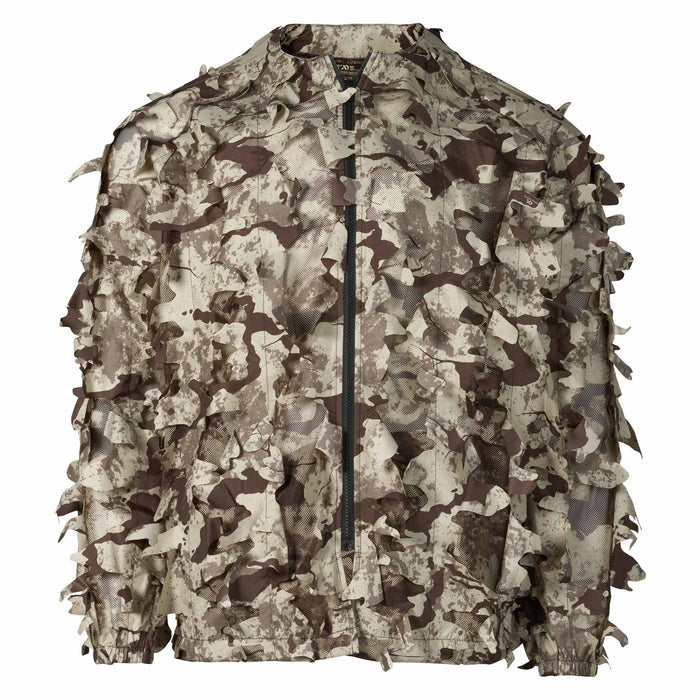Leafy desert camouflage hunting jacket with a black full-zip front and elastic cuffs.