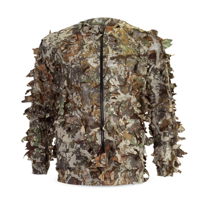 3D leafy camouflage jacket with green, brown, and tan patterns and a black front zipper.
