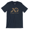 Navy t-shirt with a tan First Lite logo graphic depicting a dog's head and two flying birds