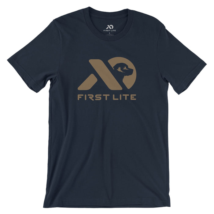 Navy t-shirt with a tan First Lite logo graphic depicting a dog's head and two flying birds