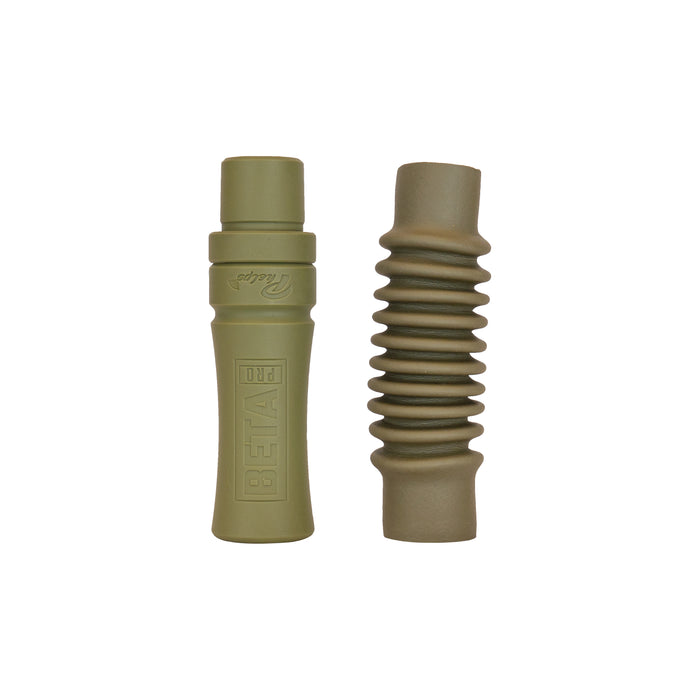 Olive green Phelps BETA PRO elk call set featuring a smooth mouthpiece and a flexible ribbed tube.