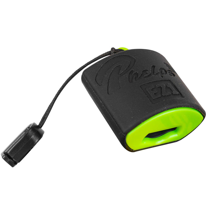 Black and lime green Phelps EZ1 swimming nose clip with a black lanyard.