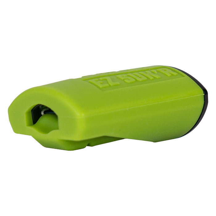 Lime green sharpener with 'EZ SUKR' embossed lettering, a single sharpening hole revealing a blade, and a black end cap.
