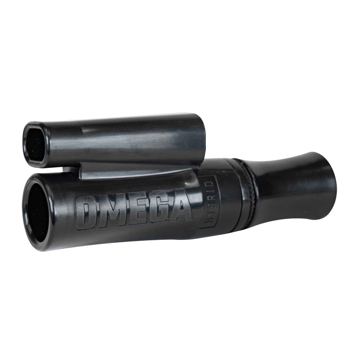 Black OMEGA HYBRID duck call featuring two parallel barrels, one with a square opening, and a flared mouthpiece.