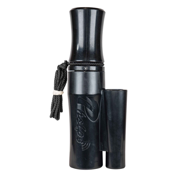 Black predator call featuring an attached open-ended sound chamber, braided lanyard, and embossed 'Predator' logo.