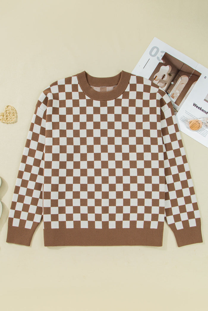 Plus Size Checker Contrast Edge Crewneck Sweater