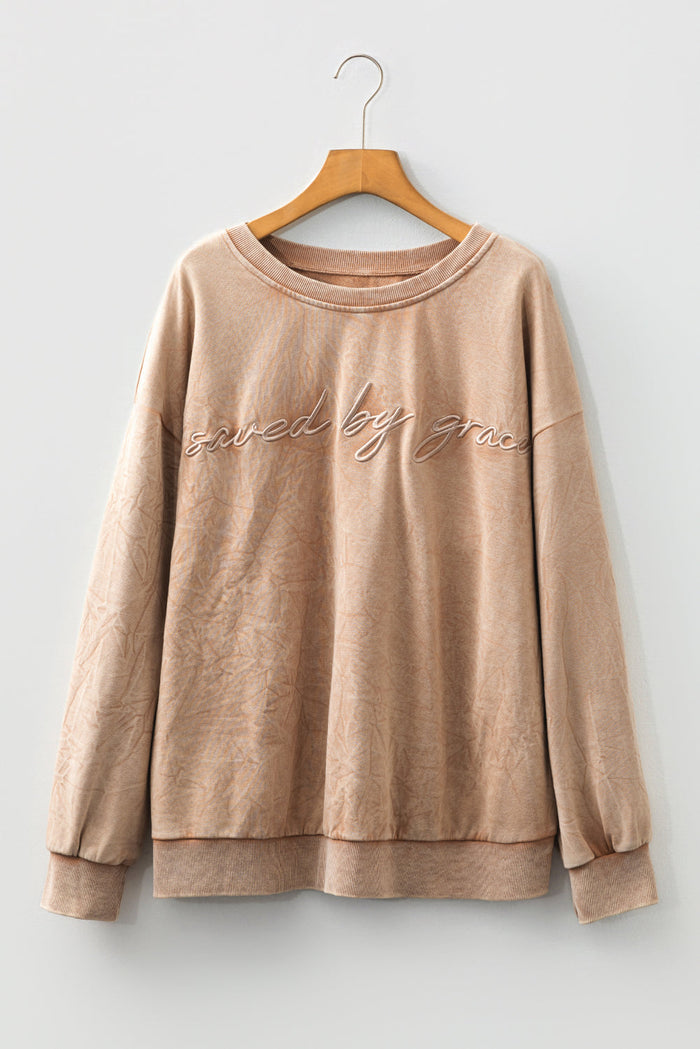 Plus Size Saved by Grace Embroidered Mineral Wash Sweatshirt