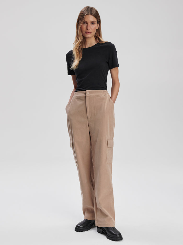 Stucco|Sabina Straight Leg Pant 29 in Stucco: soft corduroy cargo pants with cargo pockets, back patch pockets, and elasticated waist inserts for comfort.