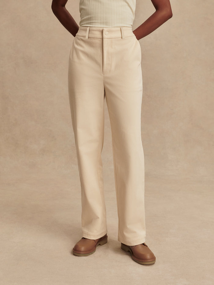 Whitecap Grey|Ivette Straight Leg Pant 29 in Whitecap Grey, soft corduroy with straight-leg fit, belt loops, snap-front fly, pockets, elastic back waistband.