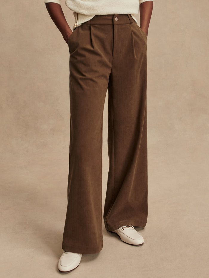 Desert Palm|Product shot of Rocio Wide Leg 32 Desert Palm pants, front view with a high-rise waist and wide legs.