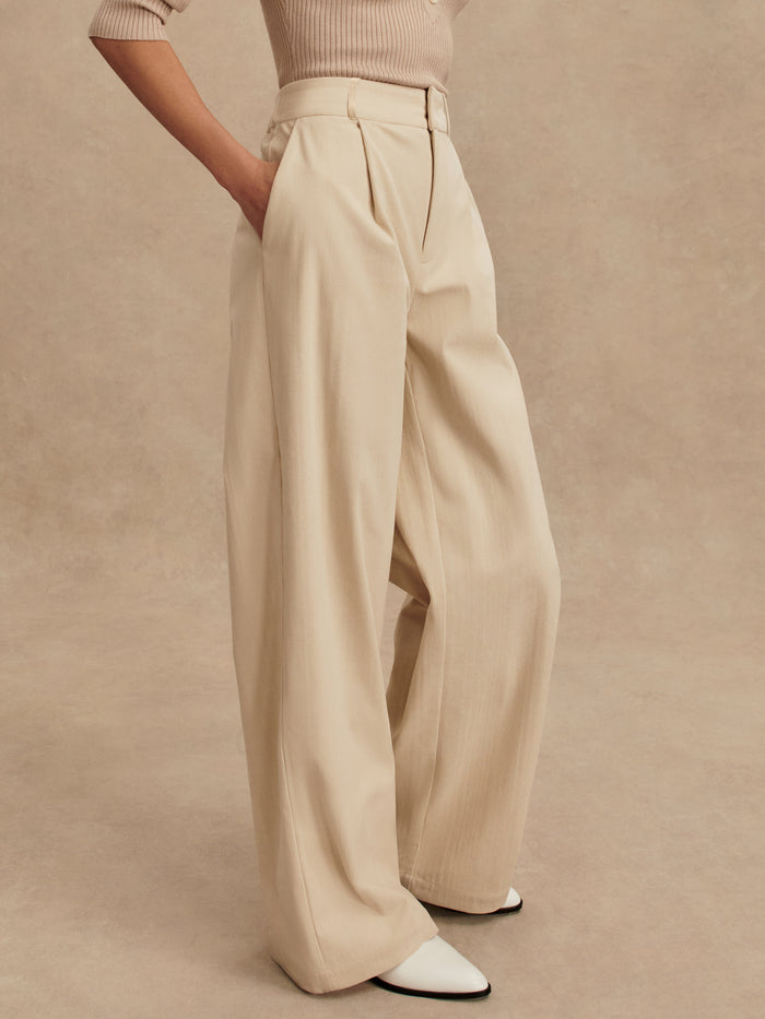 Birch|Rocio Wide Leg Pant 29.5 in Birch Needle Cord, fitted waist, extra wide leg, front pleats, side entry pockets, back pockets, elastic back, snap front.