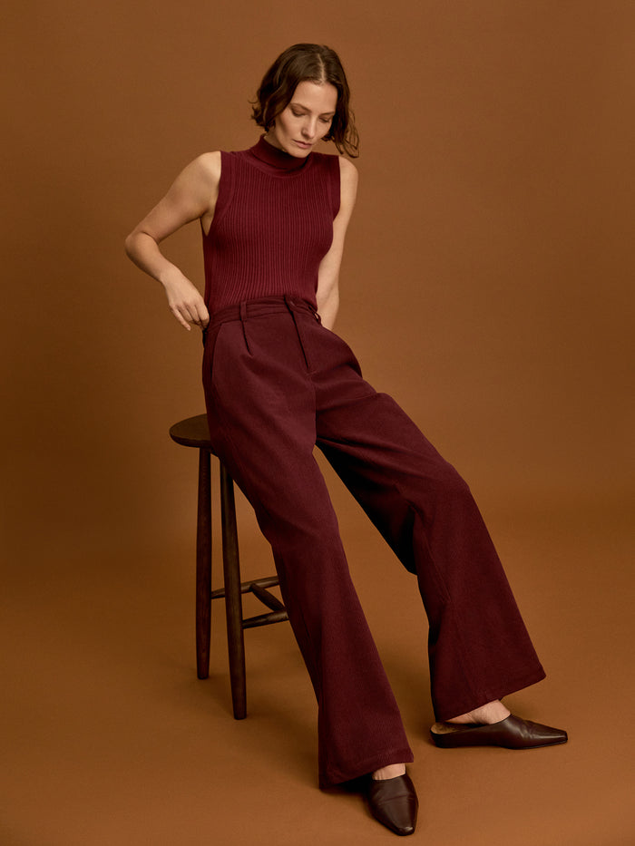 Decadent Chocolate|Floris Wide Leg Pant 29.5 in Decadent Chocolate, corduroy with pleats; high-rise, wide-leg, back elastic waist, snap and fly front, side pockets.
