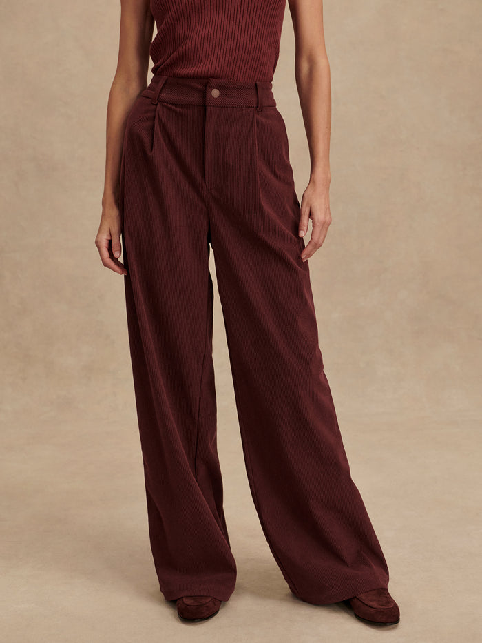 Decadent Chocolate|Front view of Floris Wide Leg pants in Decadent Chocolate (29.5), high-rise waist and wide legs in smooth woven fabric.
