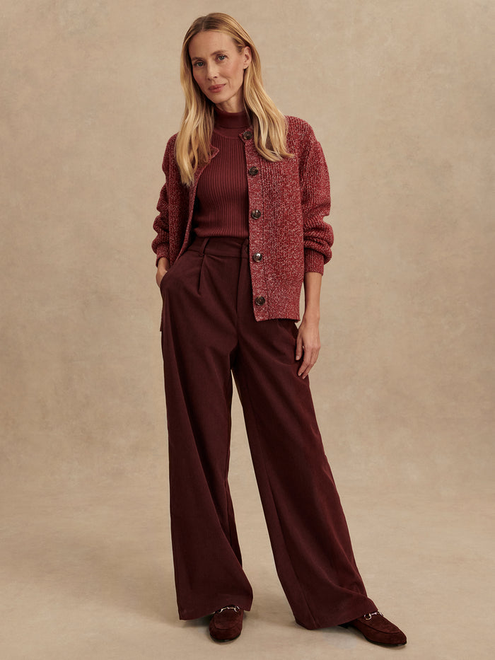 Decadent Chocolate|Floris Wide Leg pants in Decadent Chocolate, size 29.5, front view showcasing a wide-leg silhouette and rich chocolate hue.