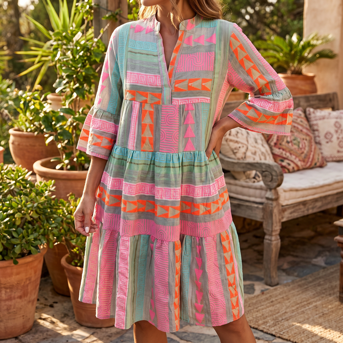 Printed V-neck seven quarter sleeve dress
