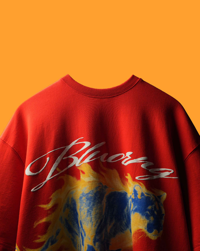 Red Puyma T-Shirt with colorful graphic design and 'Bluorng' branding on an orange background