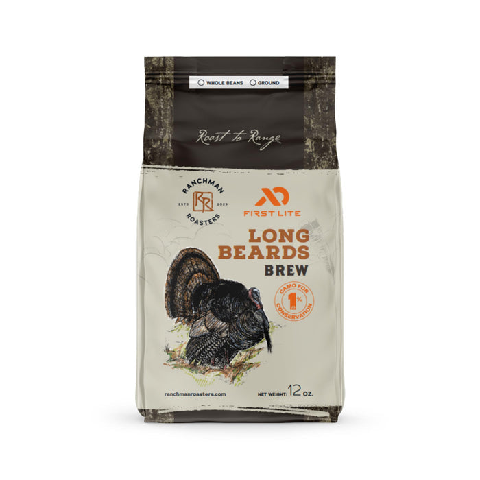 Coffee bag labeled 'Long Beards Brew' with a turkey illustration on a white background