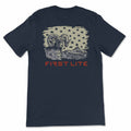 Navy blue t-shirt with graphic design of a ram and mountain, featuring the text 'First Lite', on a white background.