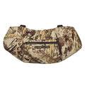 Brown and tan camouflage hand muff with a central zippered pocket displaying the "FIRST LITE" logo.