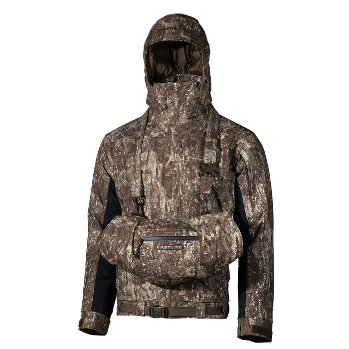 First Lite brown and tan camouflage hunting jacket with hood, integrated front hand warmer muff, and adjustable waist belt.