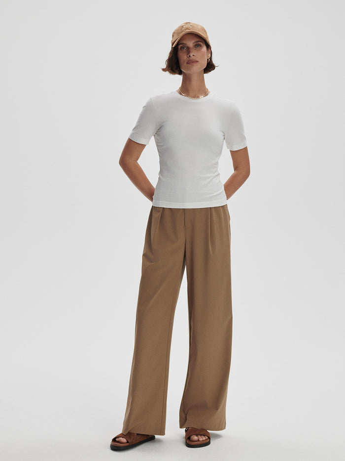 White|Regina Fitted Tee, white, front view with crew neck and short sleeves, highlighting slim fit and smooth cotton fabric.