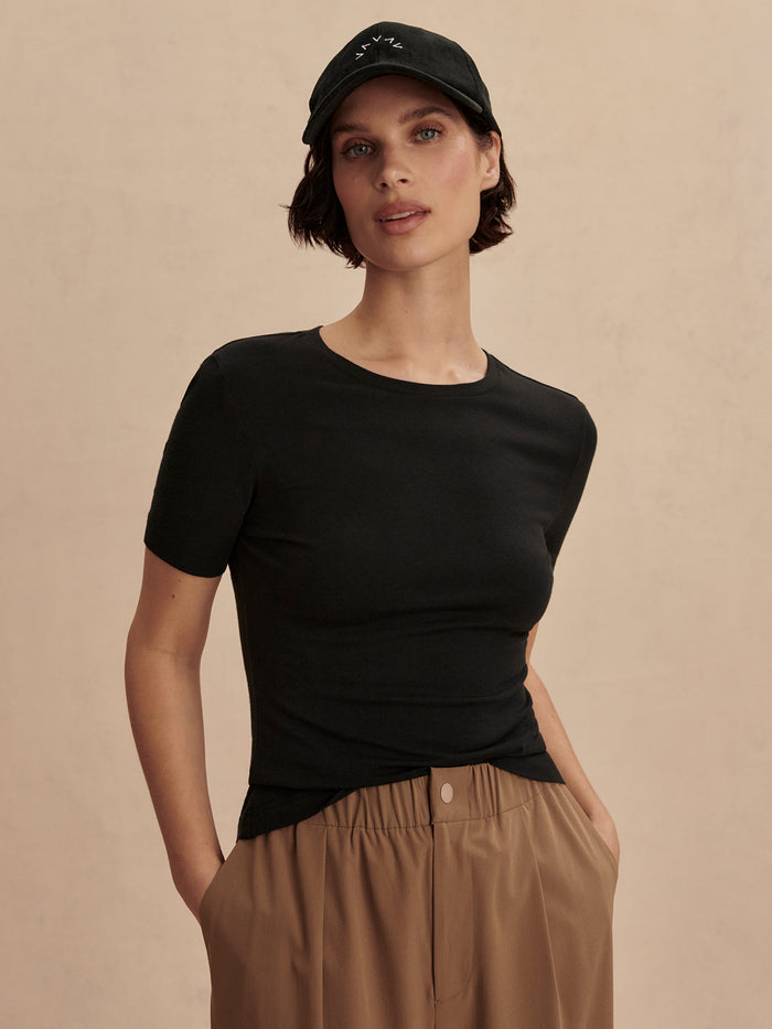 Black|Front view of Regina Fitted Tee in black.