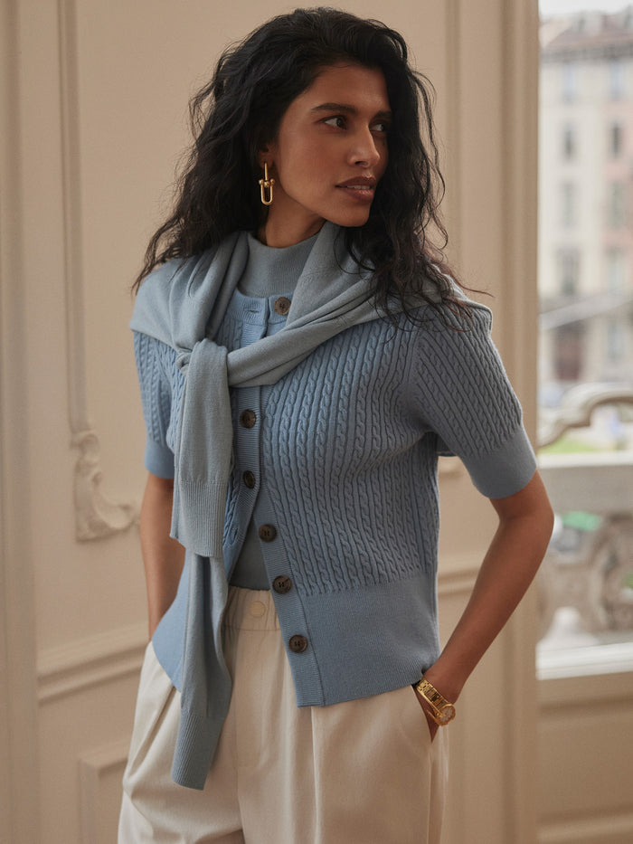 Stoney Blue|Rhys Short-Sleeve Cardigan in Stoney Blue, with mini cable stitching on a soft viscose knit, button-through front and deep rib hem.