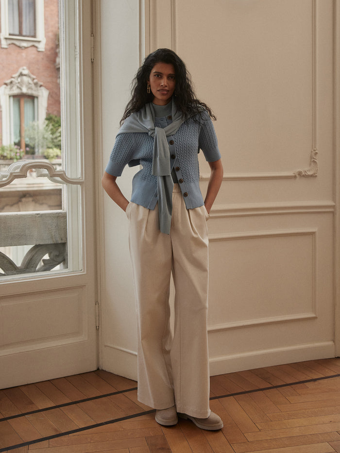 Stoney Blue|Rhys Short Sleeve Cardigan Stone Blue - front view product image showing short sleeves and classic cardigan silhouette.